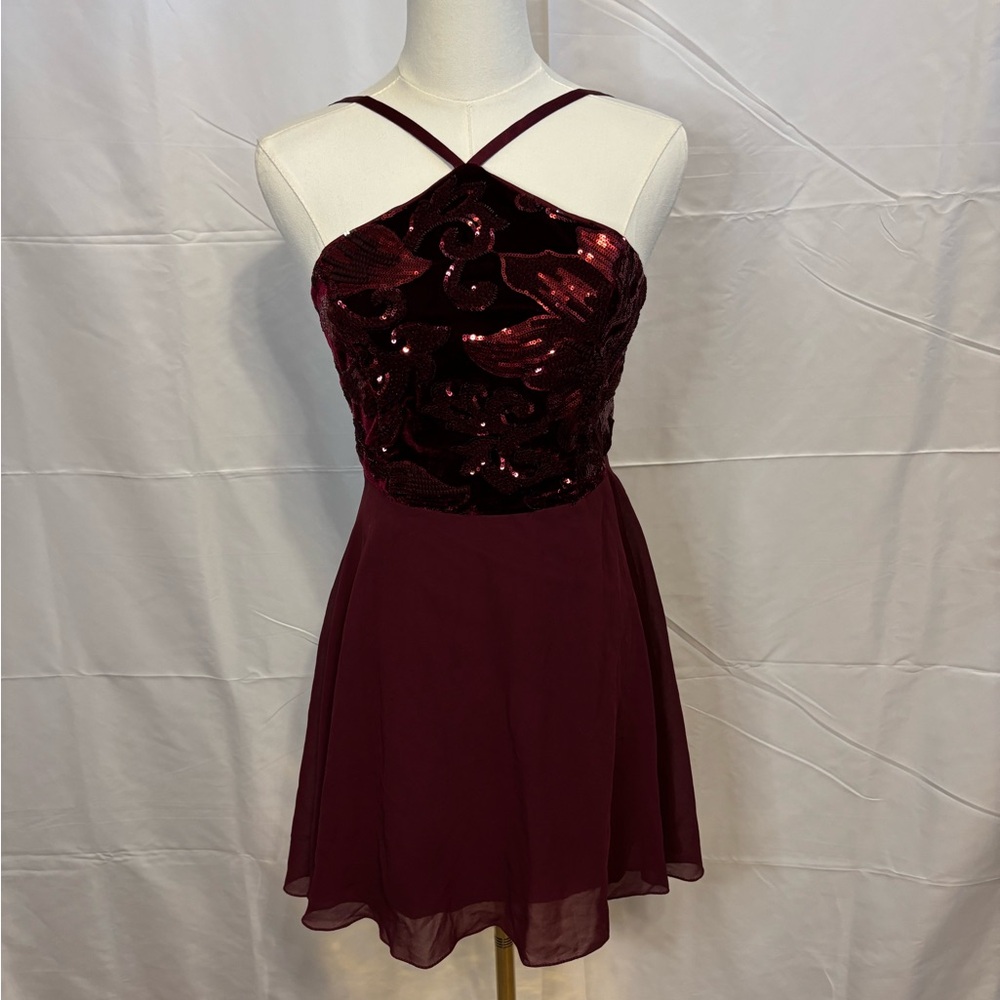 Lulus Burgundy Sequin Velvet Fit & Flare Dress Small Holiday Formal